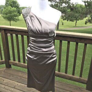 Suzi Chin Maggy One Shoulder Sheath Formal Dress Size 2 Taupe Ruched Embellished